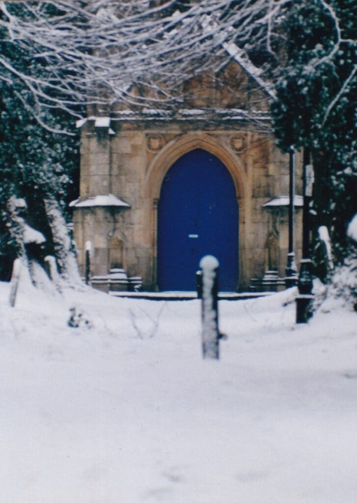 A blue door in the snow near some trees.
