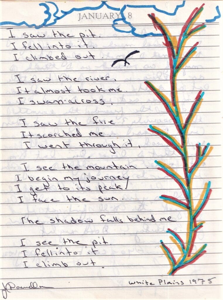 A handwritten poem with a bird flying above it.
